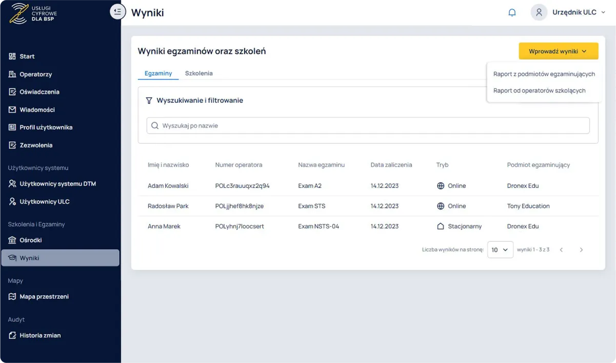Narzędzia do zarządzania podmiotami egzaminującymi i operatorami szkolącymi usprawniają proces współpracy ULC z tymi podmiotami. Dzięki automatycznym rozwiązaniom wprowadzającym wyniki egzaminów i szkoleń do systemu, Twój profil użytkownika zostanie szybko zaktualizowany o nowo zdobyte kompetencje czy kwalifikacje.