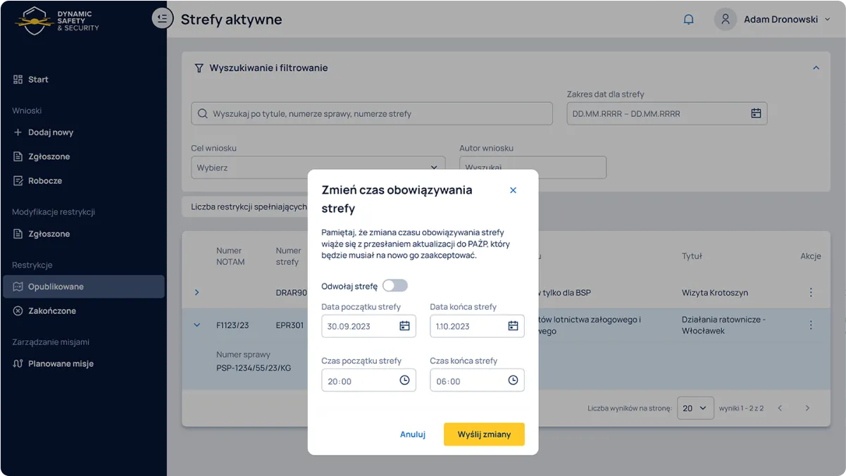 Widok listy stref aktywnych w aplikacji "Dynamic Safety & Security - Służby"