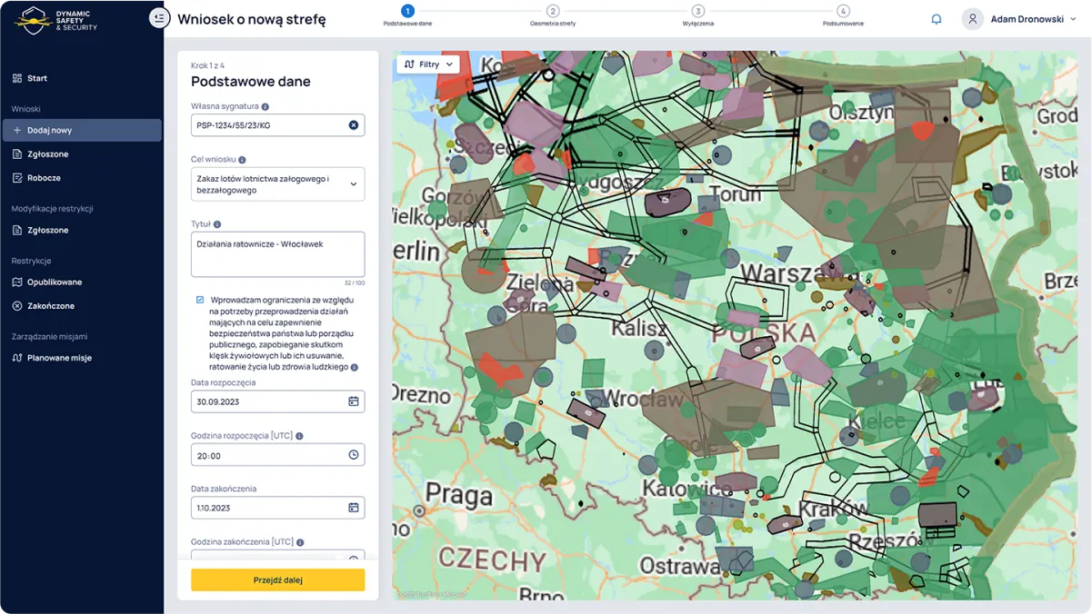 Widok podglądu wniosku o nową strefę w aplikacji "Dynamic Safety & Security - Służby"