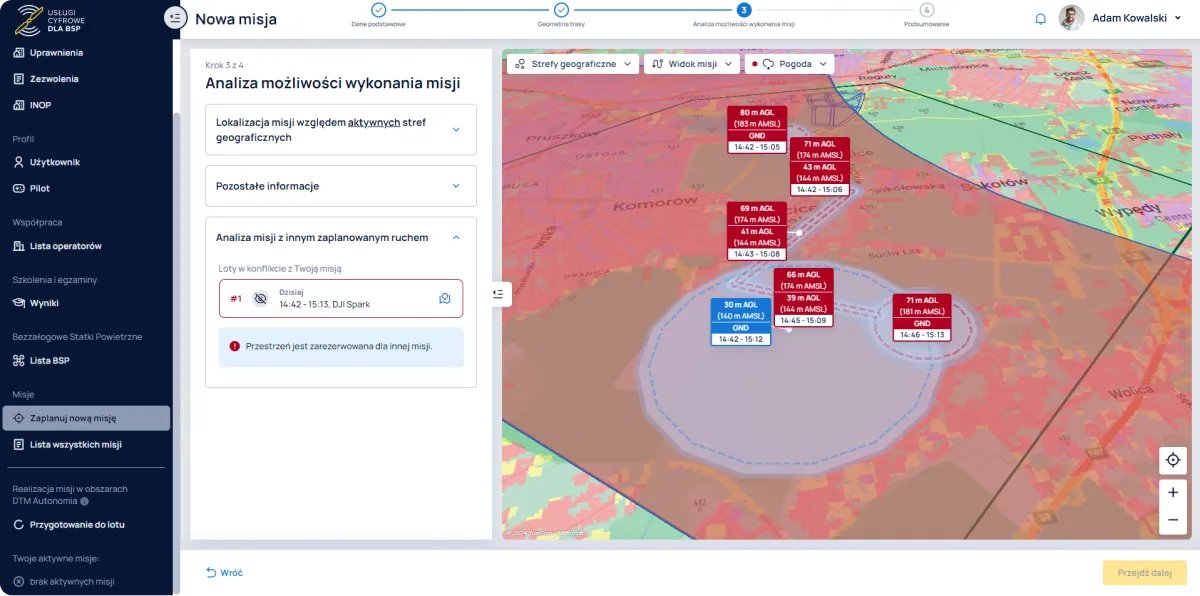 Widok kroku trzeciego tworzenia nowej misji w aplikacji "DTM Autonomia - Trzy Obszary"